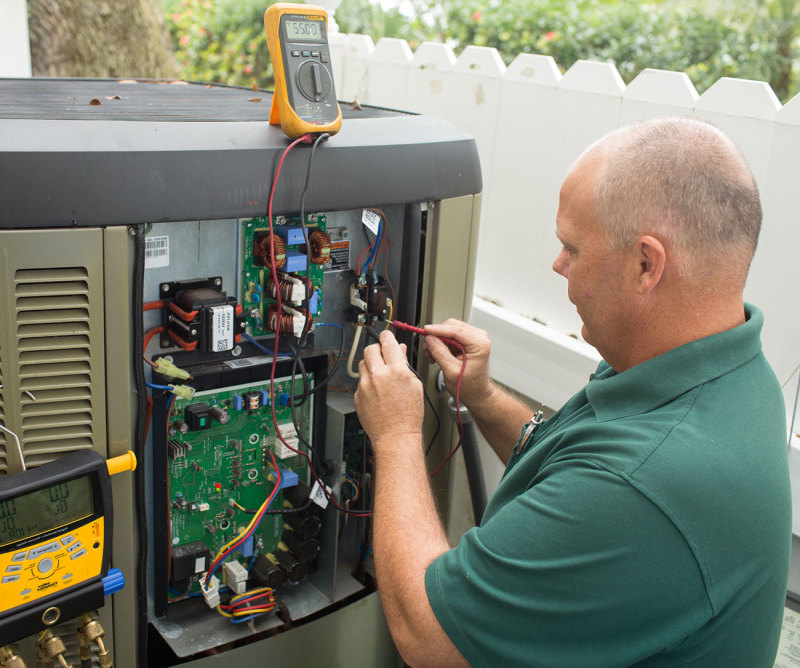 Technician repairing an outside A/C unit