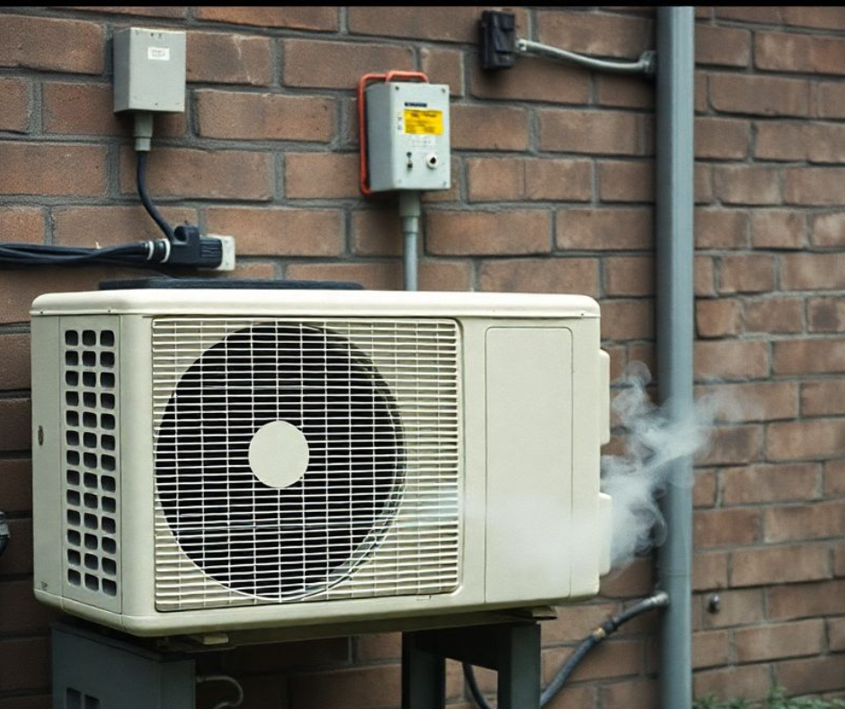 Picture of an outdoor air conditioning unit which has smoke coming out of it due to overheating
