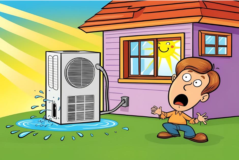 Cartoon picture of an AC leaking and an alarmed man