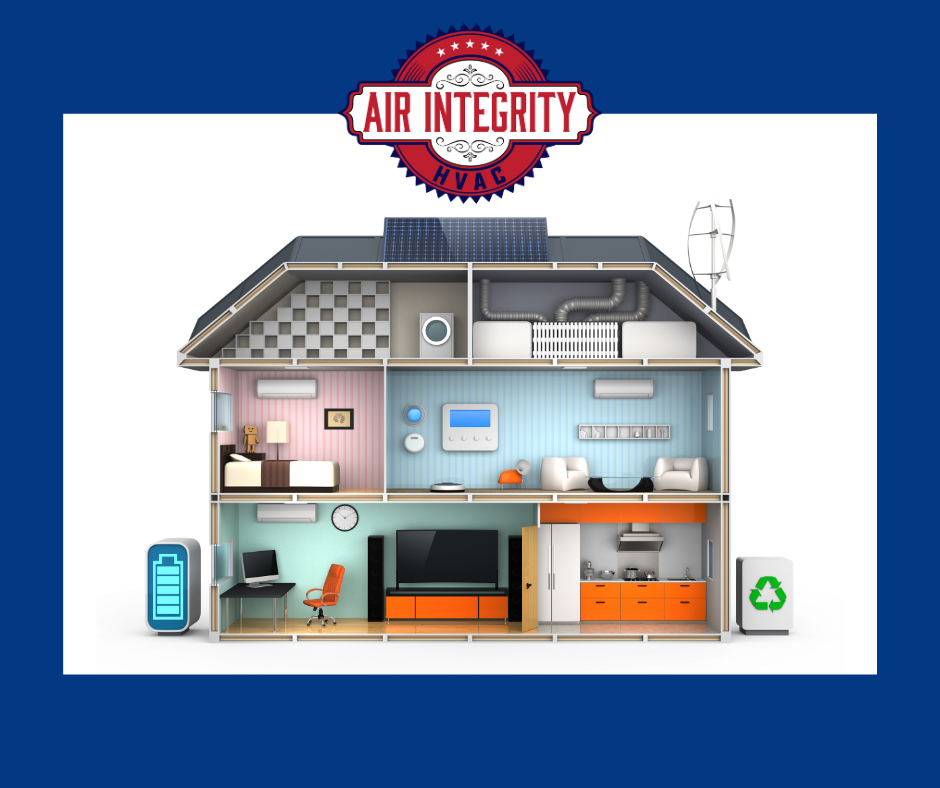 The picture features a diagram of an energy efficient home with the Air Integrity logo located at the top of the page and a blue background