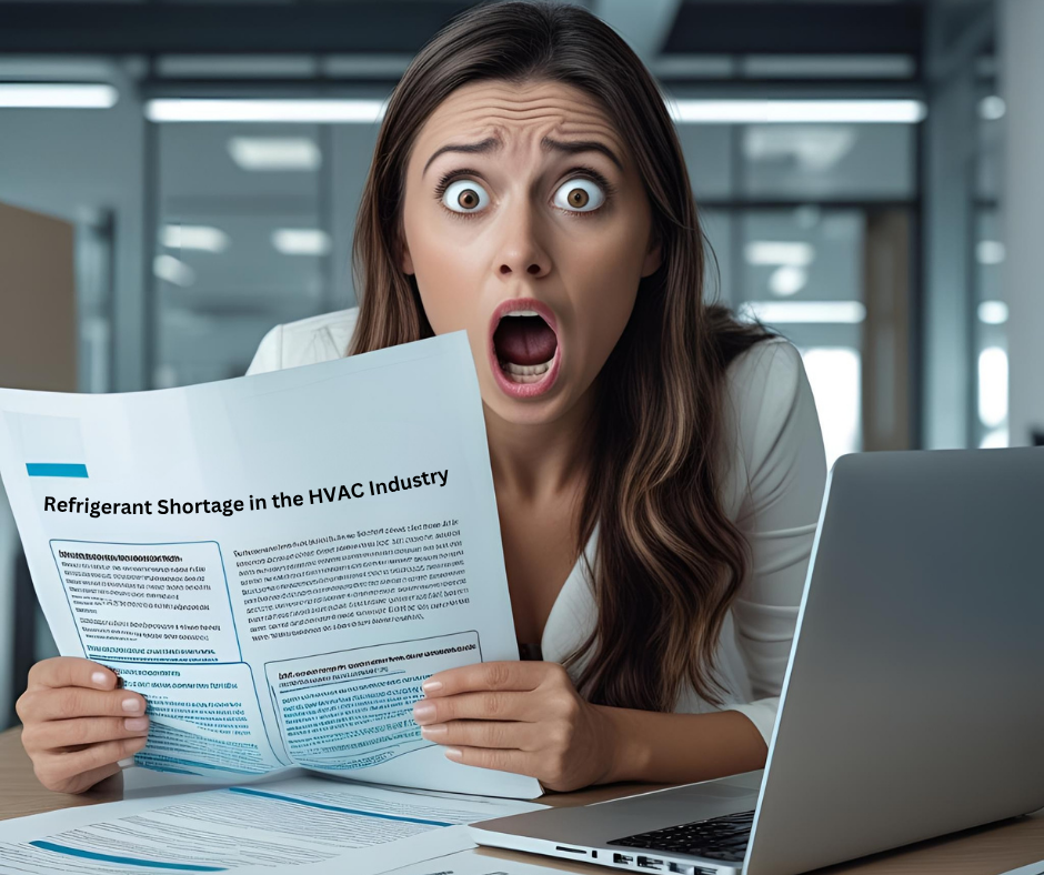 A woman is shocked when she reads an article about a refrigerant shortage.
