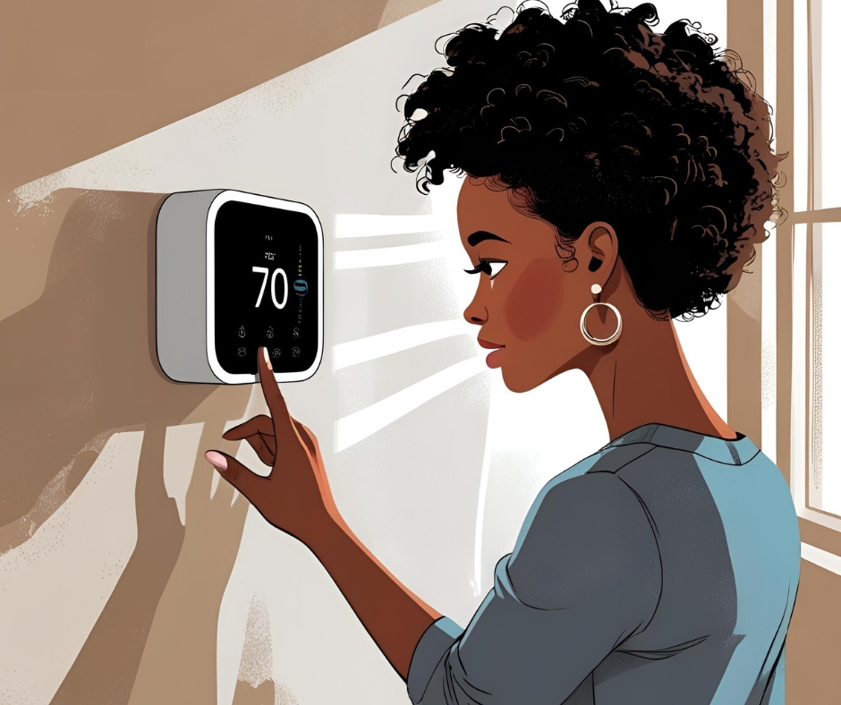 Woman touches a smart thermostat to adjust AC settings in her home