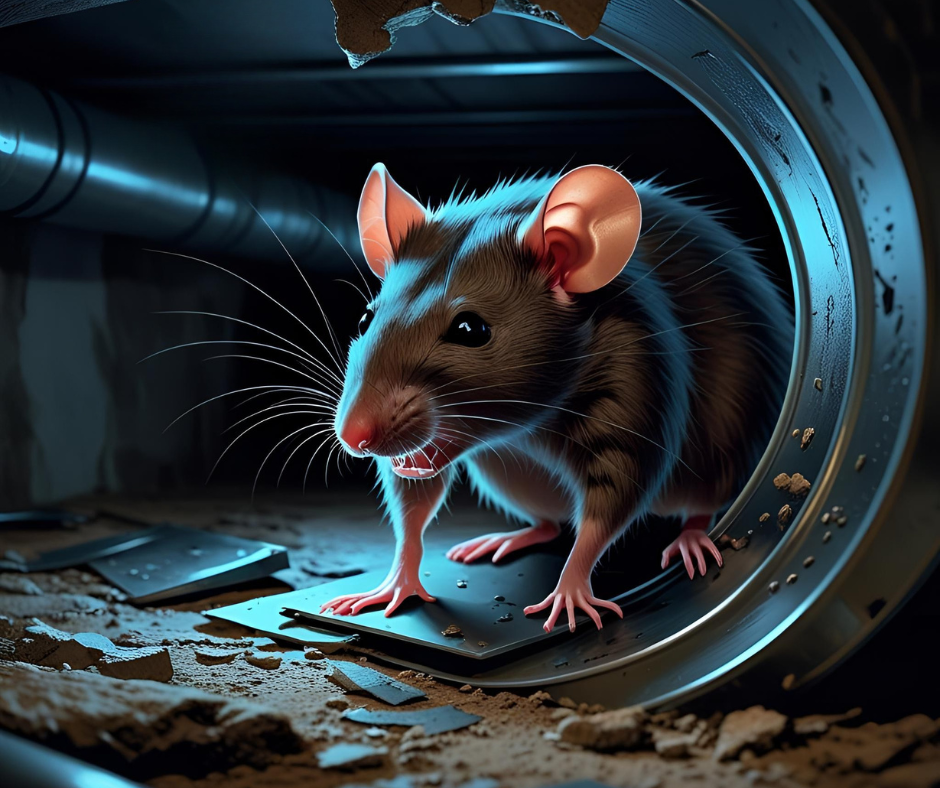 A rat is inside HVAC ductwork and destroying it.