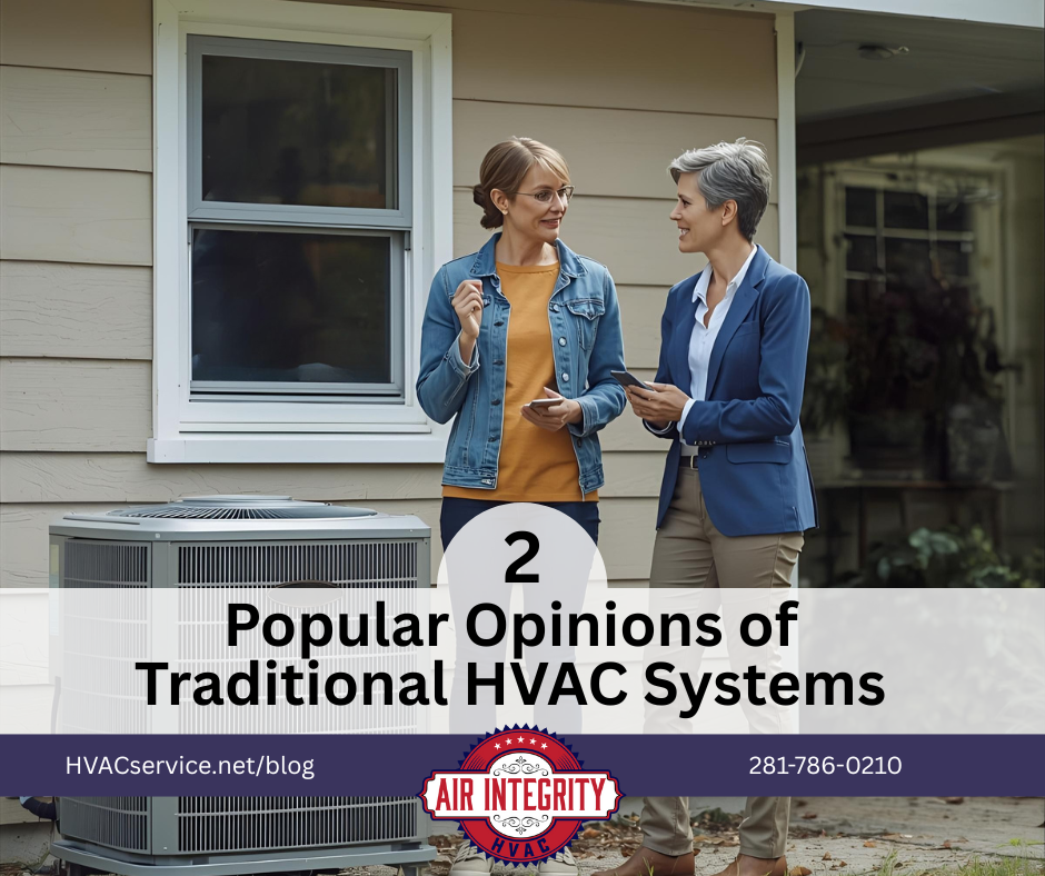 Two women discuss their opinions about a traditional HVAC unit which they are standing next to outdoors.