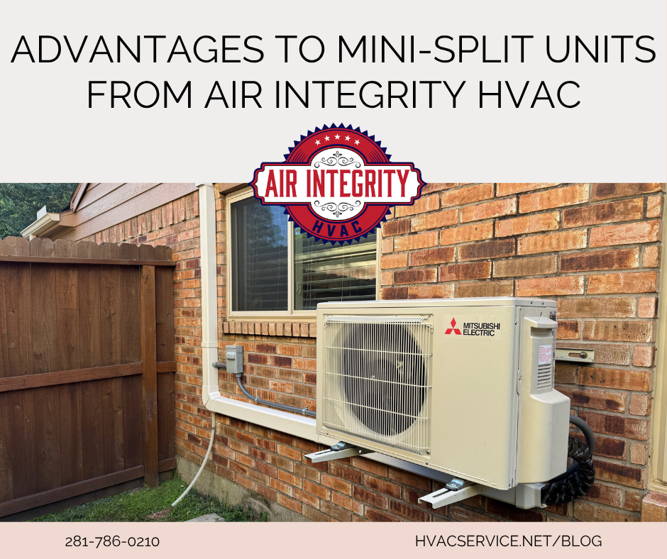 A beautifully mounted Mitsubishi mini split AC hangs on the side of a house beneath the Air Integrity HVAC logo